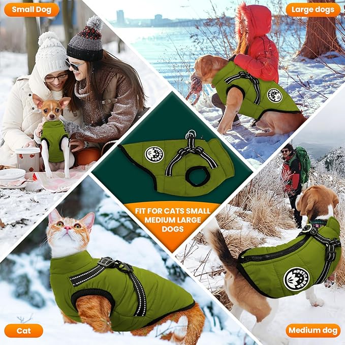 PETCARE Winter Dog Coat with Harness Built in Waterproof Dog Jackets Warm Pet Fleece Vest Windproof Snow Jacket Snowsuit Reflective Dogs Cold Weather Coats for Puppy Small Medium Large Dogs Cats