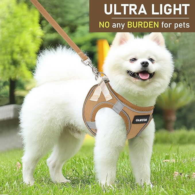 GAMUDA Small Pet Harness Collar and Leash Set, Step in No Chock No Pull Linen Fabric Soft Mesh Dog Vest Harnesses Reflective for Dogs Puppy Cats Kitten Rabbit (Brown, L)
