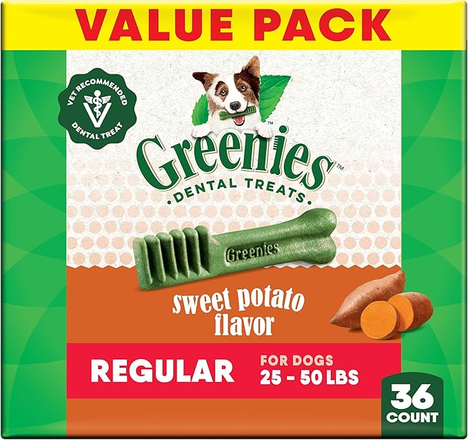 Greenies Veterinarian-Recommended Natural Dental Dog Treats, Dental Chews for Dogs, Regular Size, Sweet Potato Flavor, 36 oz. Pack, 36 Count