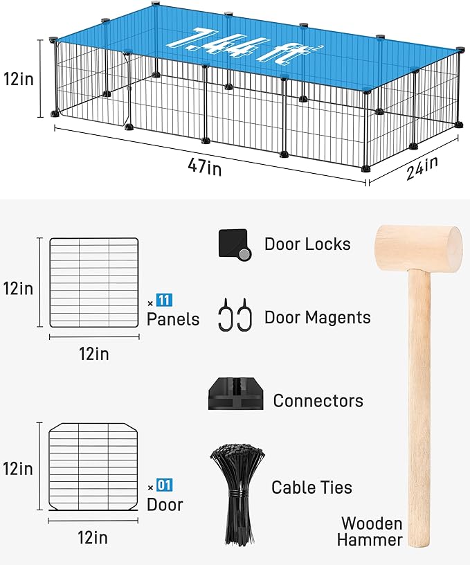 BUCATSTATE 12 Panels Guinea Pig Playpen, Rabbit Playpen Indoor, 47" L x 24" W x 12" H Small Animal Playpen with Door for Guinea Pigs, Bunny, Hedgehogs, Chinchillas