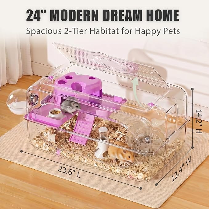 Large Hamster Cage 24" L×14" H - 360° Clear TV Shaped Pet Enclosure with 12-in-1 Starter Kit, 2-Tier Acrylic Habitat with Deep Burrowing Base, Silent Wheel for Syrian, Dwarf Hamsters & Gerbil Cage
