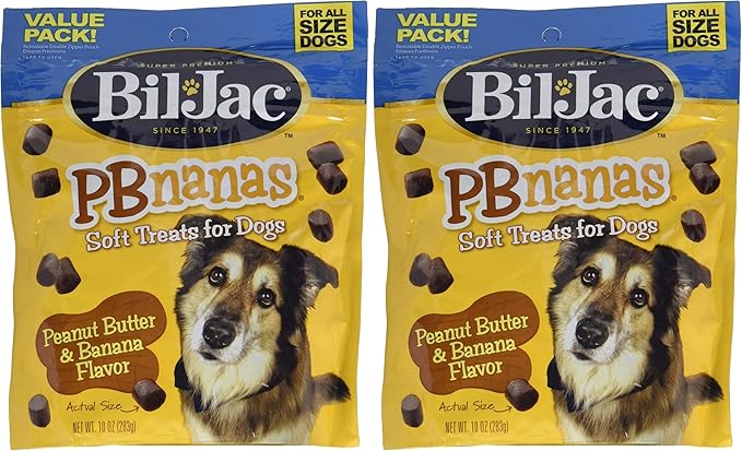 Bil-Jac PBnanas Soft Treats for Dogs - Puppy Training Treat Rewards, 10oz Resealable Double Zipper Pouch, Peanut Butter & Banana Flavor Chicken Liver Dog Treats (Pack of 2)