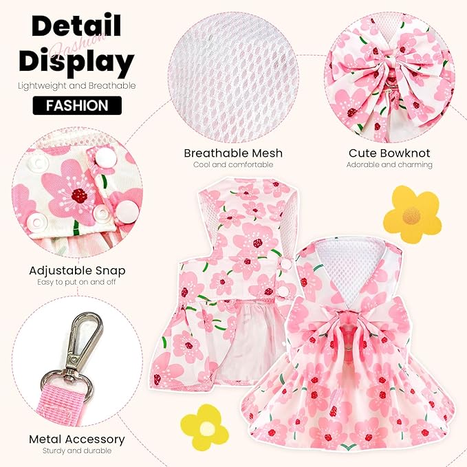 ABRRLO Cute Dog Dress Small Dog Clothes For Girls Female Puppy Outfits Pink Floral Pet Summer Clothes Bowknot Doggy Cat Princess Dress Harness Set for Holiday Birthday Party Costume Clothing (Pink,XL)