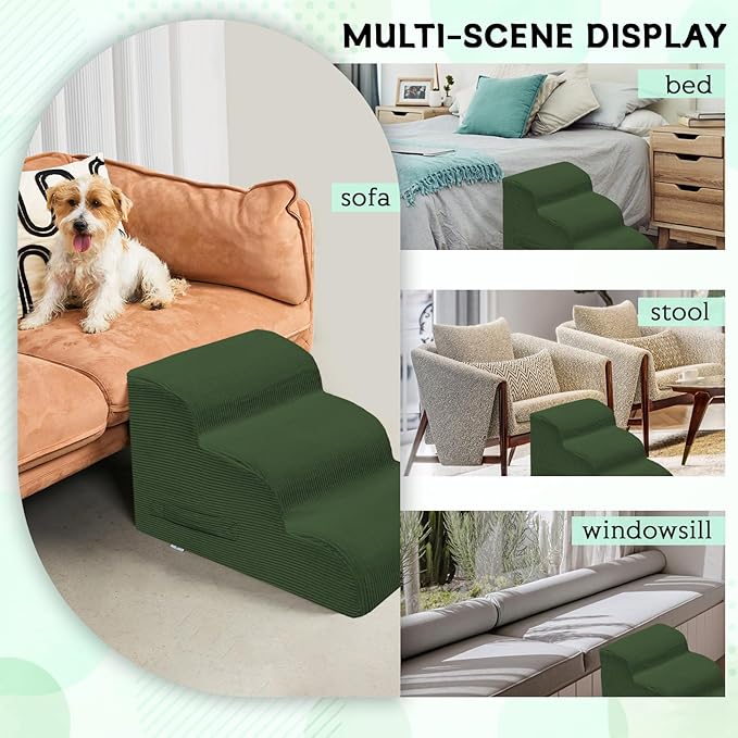 Mesa Lemon Dog Steps for Small Dogs, 3-Step Pet Ramp Stairs for High Beds and Sofa, Non-Slip Pet Stairs for Small Dogs and Cats, Removable and Easy to Clean Cover, Green