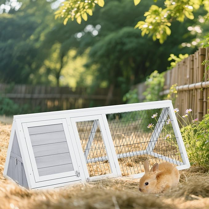 Wooden Rabbit Cage Indoor,A-Frame Bunny Playpen House Outdoor,Small Bunny Hutch with Ventilating Wire Fence for Puppy Rabbits (Grey)