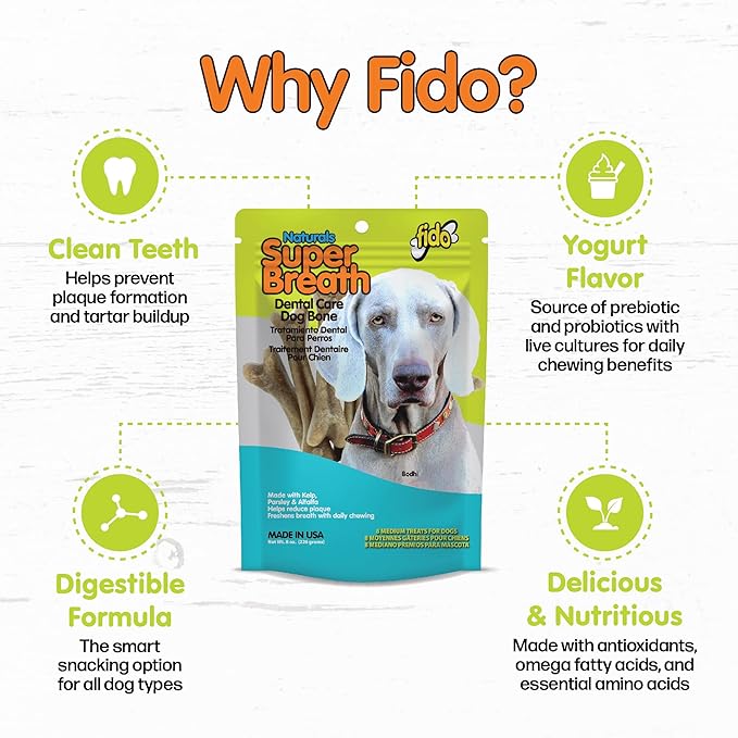 Fido - Super Breath Dental Care Bones for Dogs - 8 Count Medium Dog Dental Treats for Medium Dogs (Made in USA) - Tasty Dog Dental Chews Help Reduce Plaque, Tartar Buildup, and Freshens Breath