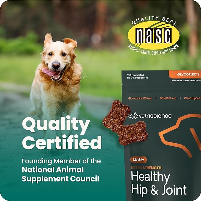 VetriScience Extra Strength Hip & Joint Supplement for Dogs – Supports Joint Health & Mobility, Vet-formulated w/Glucosamine, MSM & Green-Lipped Mussel – Chicken Flavor, 120 Chews
