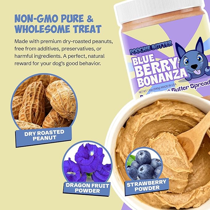Blueberry Dog Peanut Butter - Made in USA, Creamy Spread for Lick Mats & Food Toppers - Dry Roasted Peanuts Non-GMO No Sugar Added Dog Treats | 12 oz (Pack of 2)