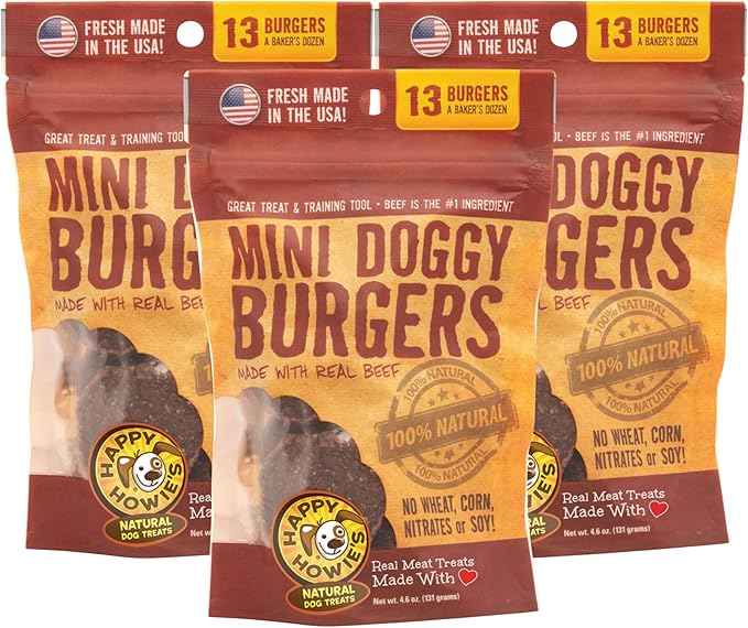 Happy Howie's Mini Doggy Burgers - Natural Healthy Dog Treats, Made with Real Beef, Long Lasting, Chewy, Hormone and Gluten Free - Beef, (Pack of 3)