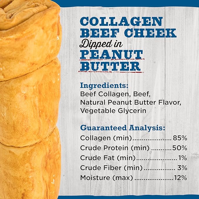 Best Bully Sticks Peanut Butter Beef Cheek Treats - Medium 4 Count (Pack of 1) - All-Natural, Collagen-Rich, Healthy Dog Treats