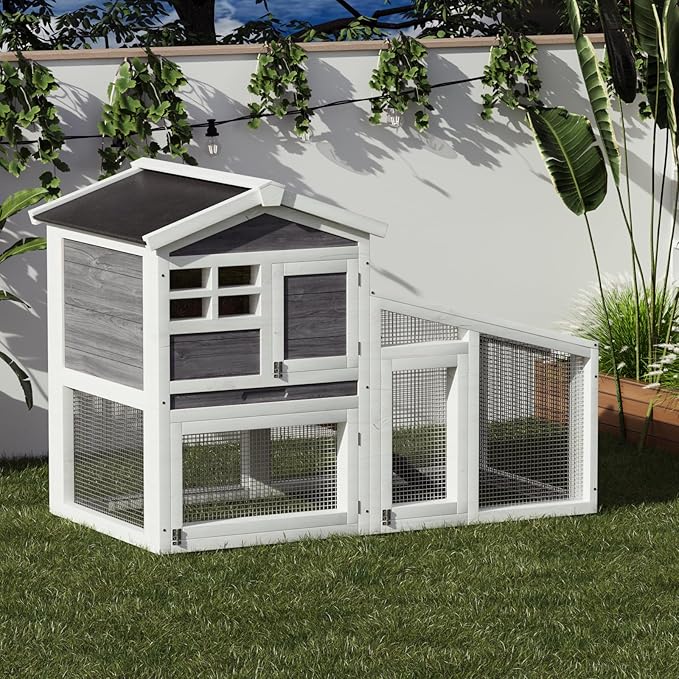 GarveeLife Rabbit Cage, Outdoor Weatherproof Bunny House Wooden, Indoor Bunny Cage with Run, Rabbit Hutch with Removable Tray, Grid Fences, Ramp 53.15" L x 23.62W 37.8" H Gray
