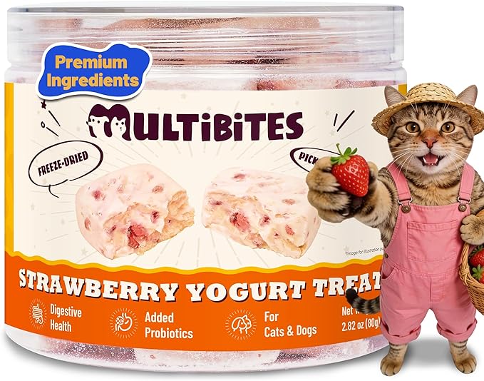 Freeze Dried Strawberry Yogurt Cat&Dog Treats - Healthy Dog Snacks with Probiotics for Digestive Health&Immune Boost - Crunchy High Protein Pet Training Treats or Food Toppers 2.82oz