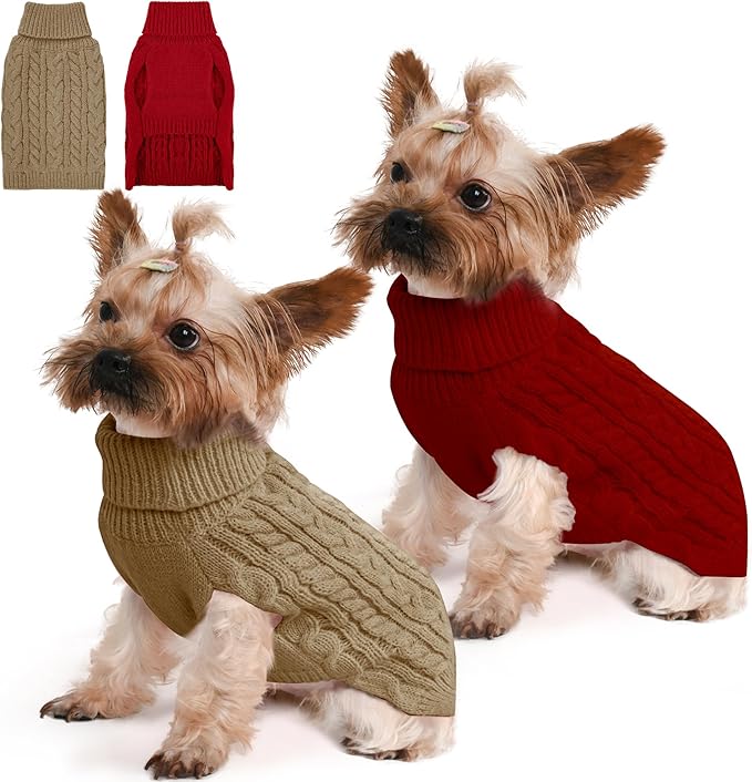 2 Pack Dog Sweaters for Small Dogs Winter Turtleneck Pullover Cable Knit Fleece Stretch Puppy Doggie Chihuahua Toy Poodle Yorkie Pomeranian Boy Girl Pet Clothes (S, Red & Brown)