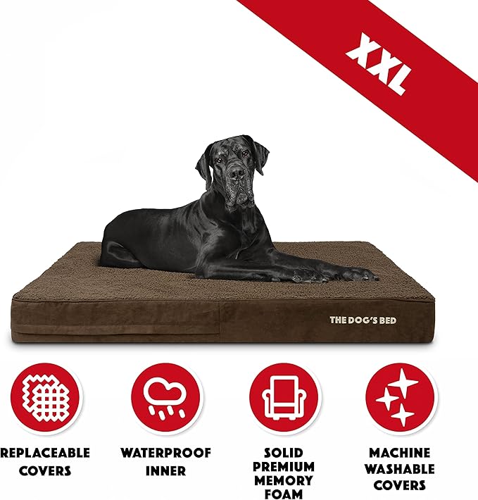 The Dog’s Bed Orthopedic Memory Foam Dog Bed for XXL Dogs, Waterproof Washable Cover, Anti-Slip Base, Calming Surface – CertiPUR-Certified Foam, Brown Plush, 6 Inch Thick