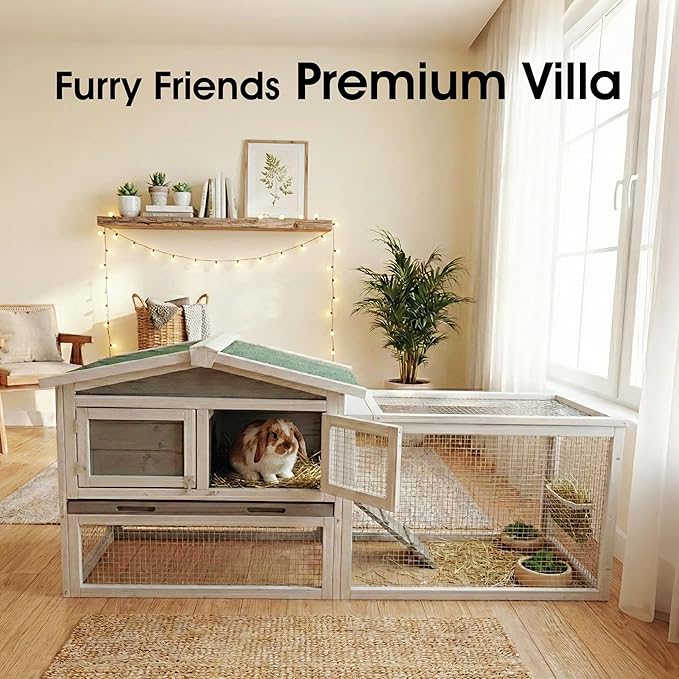Garvee Wooden Rabbit Hutch Indoor and Outdoor, Rabbit Cage with Removable Wire Netting and Leak Proof Tray, Weatherproof Bunny Cage with Anti-Chew Metal Frame Ramp for Small Animals Grey