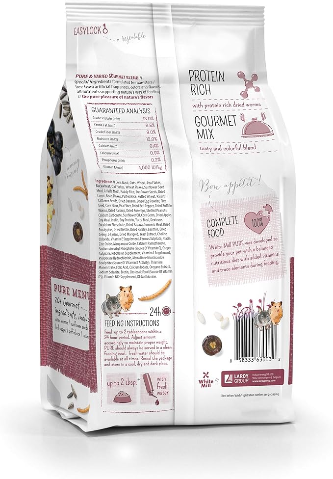 Witte Molen Pure Hamster Food Seed Mixture Mealworms, Sunflower Seeds, Puffed Rice, Grape Nuts, No Artificial Preservatives Dry Food, 1.7 lbs (2 Pack)