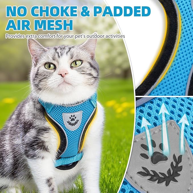 PUPTECK Cat Harness and Leash Set Escape Proof Reflective Cat Walking Harness Adjustable Soft Breathable Mesh Vest for Small Pets, Blue, L