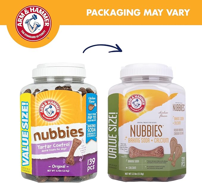Arm & Hammer for Pets Nubbies Dental Treats Value Size - Baking Soda & Calcium Dog Dental Chews, Helps Scrub Plaque & Tartar While Chewing, Chicken Flavor, 139 Count, 52.8 Oz