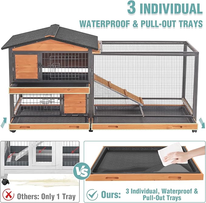 Suumerpety 2-Story Rabbit Cage with Chew-Proof Metal Frame for Indoor/Outdoor - 62" Bunny Hutch Guinea Pig Cages with 6 Locking Wheels & 2 Removable Trays for Rabbits/Guinea Pigs