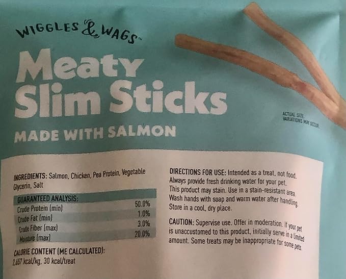 Wiggles & Wags Meaty Slim Sticks Made with Salmon Dog Treats. One Six Ounce Bag. One Biggs Dog Waste Roll.