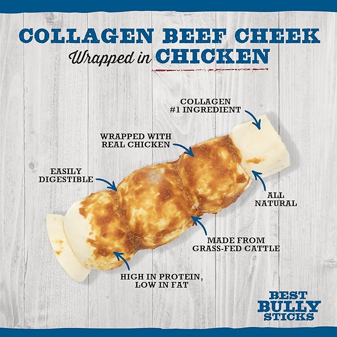 Best Bully Sticks Chicken-Wrapped Beef Cheek Treats - Large 4 Count (Pack of 1) - All-Natural, Collagen-Rich, Rawhide Alternative