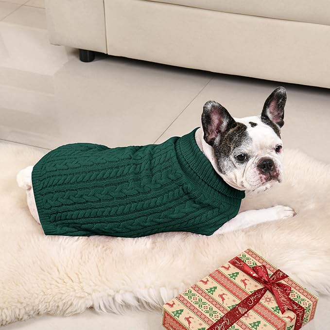 2 Pack Dog Sweaters for Medium Dogs Winter Turtleneck Pullover Cable Knit Fleece Stretch Frenchie Dachshund Pug Corgi Beagle Boy Girl Pet Clothes (M, Red & Green)