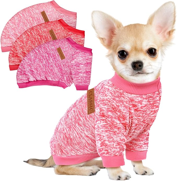 3 Pack Dog Sweaters for Small Dogs Girl Boy Winter Fleece Clothes Warm Soft Dog Sweatshirt Outfit for Dogs Cats Pet Apparel (Rose+Red+Pink, XX-Small)