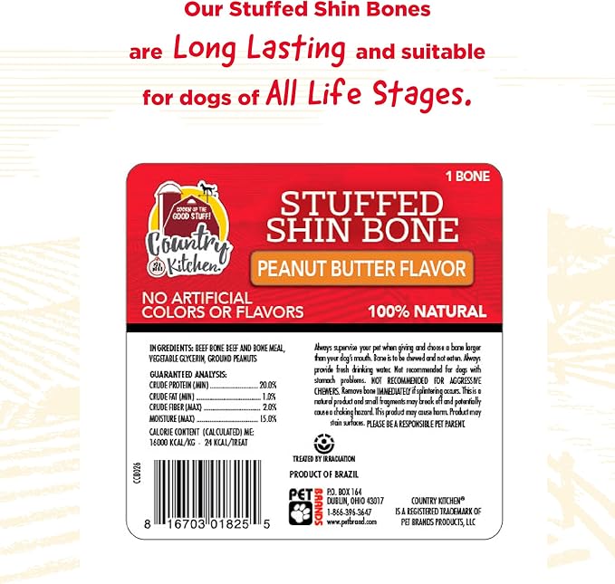 Country Kitchen Stuffed Shin Bone Peanut Butter Flavor Dog Treat, 100% Natural, Long Lasting, 1 Large Bone, 5-6 Inches (Pack of 2)