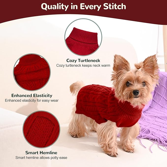 2 Pack Dog Sweaters for Small Dogs Winter Turtleneck Pullover Cable Knit Fleece Stretch Puppy Doggie Chihuahua Toy Poodle Yorkie Pomeranian Boy Girl Pet Clothes (S, Red & Green)