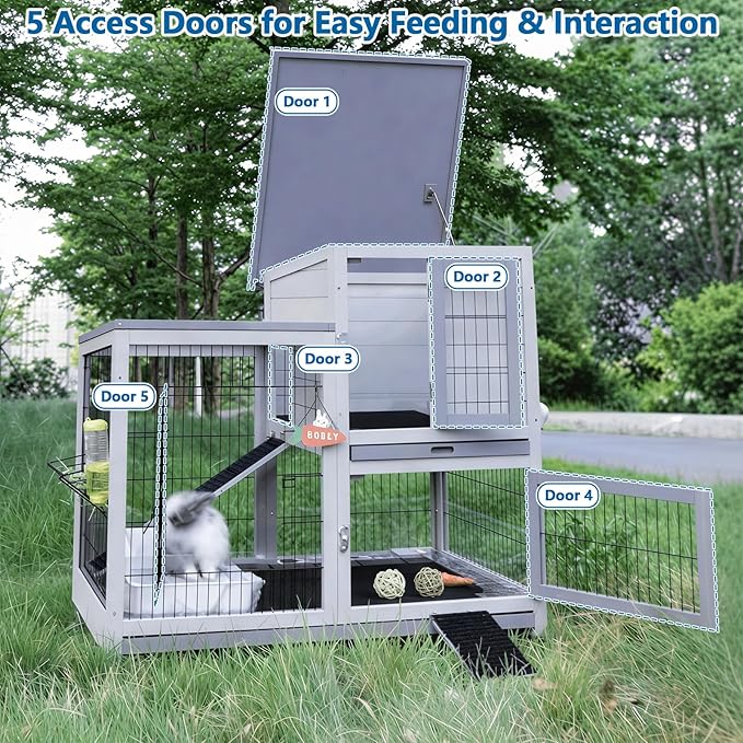 FunXplore 2-Tier Rabbit Hutch, Indoor & Outdoor Mobile Bunny Cage with Urine Guards, Weatherproof Asphalt Roof, 2 Pull Out Trays, Sturdy Small Animal Cage for Guinea Pig