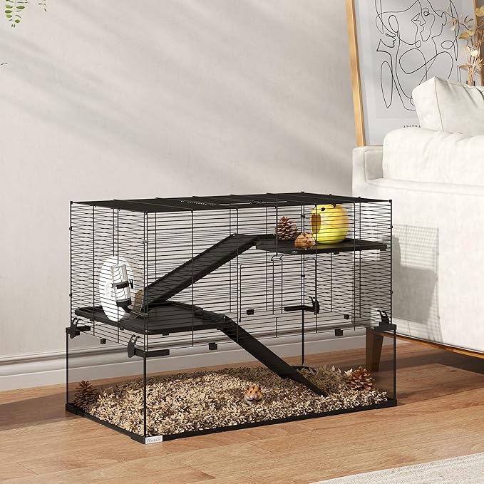 PawHut Large Hamster Cage with Deep Tempered Glass Bottom, 3 Tiers Hamster Tank with Running Wheel, Hut, Water Bottle, Dish, Rat Cage for Syrian, Dwarf, Gerbils, Mouse, 30" x 19" x 21.5", Black