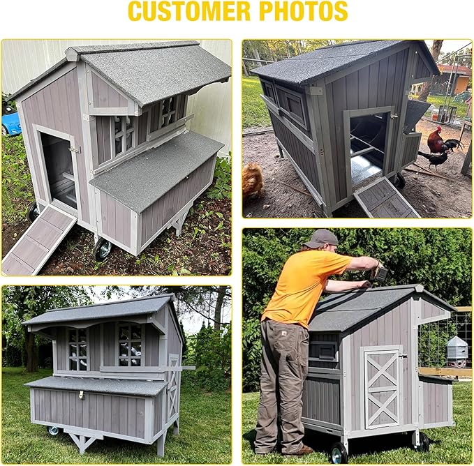 Large Chicken Coop with Wheels, Weatherproof Chicken Tractor with Asphalt Roof, Wooden Poultry Cage with Nesting Box & Removable Tray, Outdoor Hen House for 3-5 Chickens Backyard Farm