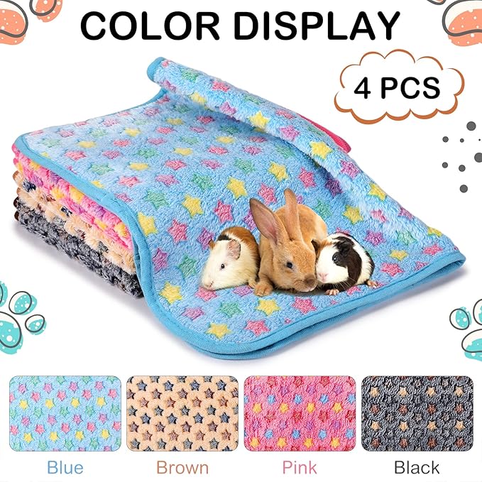 Reginary 4 Pcs Waterproof Guinea Pig Blankets Washable Small Animal Fleece Bedding Guinea Pig Cage Liners Reusable Training Pads Pet Pee Pad Sleep Mat for Hamster(Star Pattern,35 x 24 Inch)