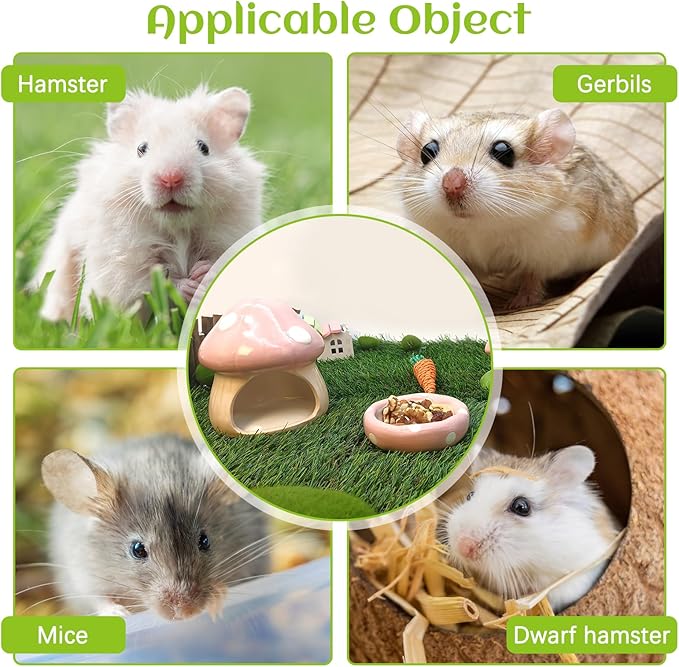 BNOSDM Ceramic Hamster Hideout Cute Mushroom Shape Hamster House and Habitat Cool Hamsters Hide Suitable for Syrian, Mice, Dwarf Hamsters, Gerbils (Pink)