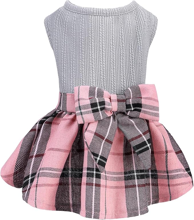 PUPTECK Classic Plaid Dog Dress Pet Apparel with Cute Bowtie Puppy Clothes Outfit,Grey,M