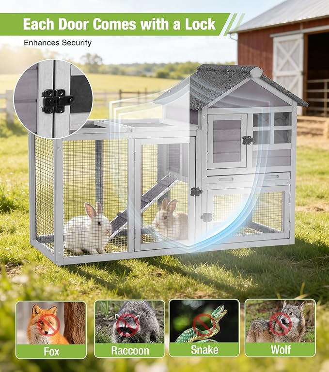 GUTINNEEN Rabbit Hutch Outdoor Rabbit Cage Indoor 51.6" L Waterproof Bunny Cage with Chew-Proof Ramp and Lockable Doors for Indoor Outdoor Use Grey