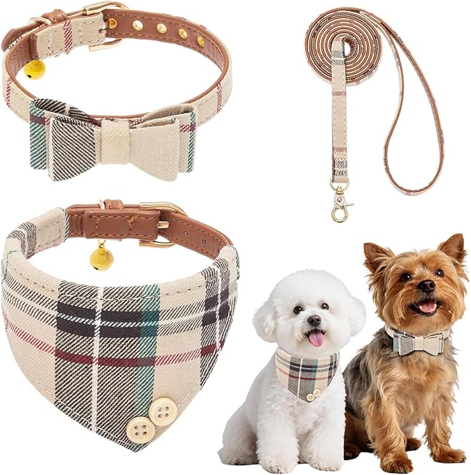 BINGPET Bow Tie Dog Collar with Leash Set - Cute Adjustable Classic Plaid Dog Bandana Collar with Bell, Fit for Small Dogs, Puppies and Cats Outdoor Walking