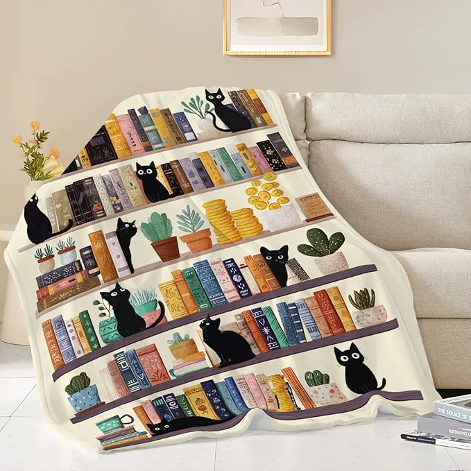 Black Cat Throw Blanket Book Cat Bookshelf Stuff Gifts for Kids Girls Boys Adults Women Men Soft Cozy Warm Plush Fluffy Fuzzy Fleece Blanket Decor 40''X50''