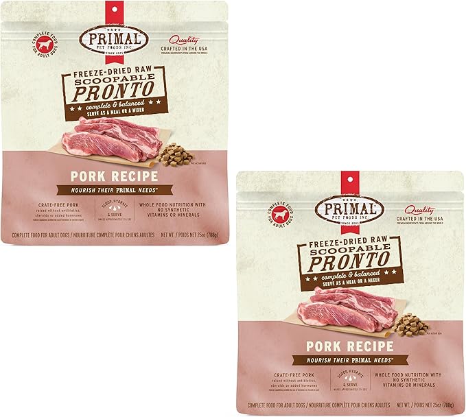 Primal Freeze Dried Dog Food, Pronto Mini Nuggets, Pork; Scoop & Serve, Complete & Balanced Meal; Also Use As Topper or Treat; Premium, Healthy, Grain Free, High Protein Raw Dog Food 25 oz (Pack of 2)