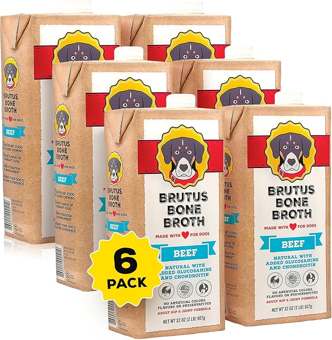 Brutus Bone Broth for Dogs | All Natural | Made in USA | Glucosamine & Chondroitin for Healthy Joints | Human Grade Ingredients | Hydrating Food Topper, Gravy & Treat Pack of 6