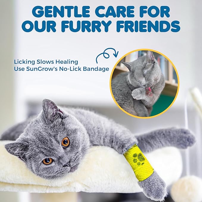 SunGrow Cat Self-Adhesive Bandage, Wound Care, Cuts, Post-Surgery, Hot Spots, 2”(W), Stretchable from 4” to 7”, Breathable Vet Wrap Gauze, 2 Rolls Per Color (Yellow, Blue, Green), 6 Pcs Per Pack 