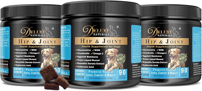 Hip and Joint Soft Chews for Dogs – 270 Count (Pack of 3 x 90) – 8-in-1 Formula with Glucosamine, MSM, Chondroitin – Joint Health Support – Chicken & Bacon Flavor