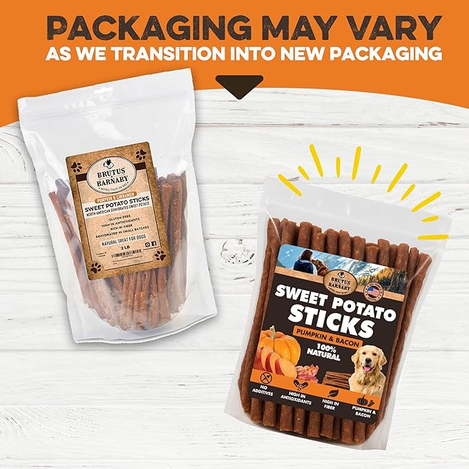 BRUTUS & BARNABY USA Sweet Potato Dog Treats - Grain Free, Pumpkin Bacon Crunchy Sticks - Great Tasting, Promotes Positive Dog Gut Health with Natural Anti-Diarrhea Properties, No Preservatives Added