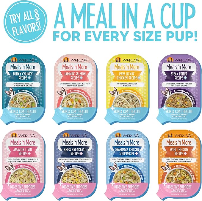 Weruva Meals 'n More Natural Wet Dog Food, Paw Lickin’ Chicken Plus Skin & Coat Health, 3.5oz Cup (Pack of 12)