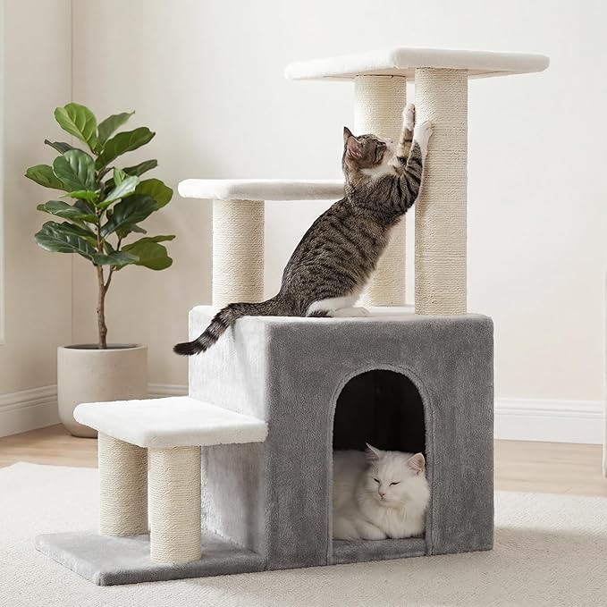 Heybly Pet Stairs for Cats, 29.5 inch High Dog Steps for Small Doggie Rabbits, 9.8''Depth Cat Stairs, Indoor Cat Ladders for High Bed for Pet's Joints, 1 Condo Cave, 6 Sisal Scratcher HSP002SWWH