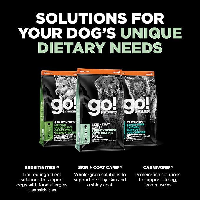 Go! Solutions Skin + Coat Care Turkey Dry Dog Food with Grains, Chicken-Free, Healthy Kibble with Omega-3s & 6s for Soft, Shiny Fur, for Puppies, Adults, & Seniors, 3.5 lb Bag