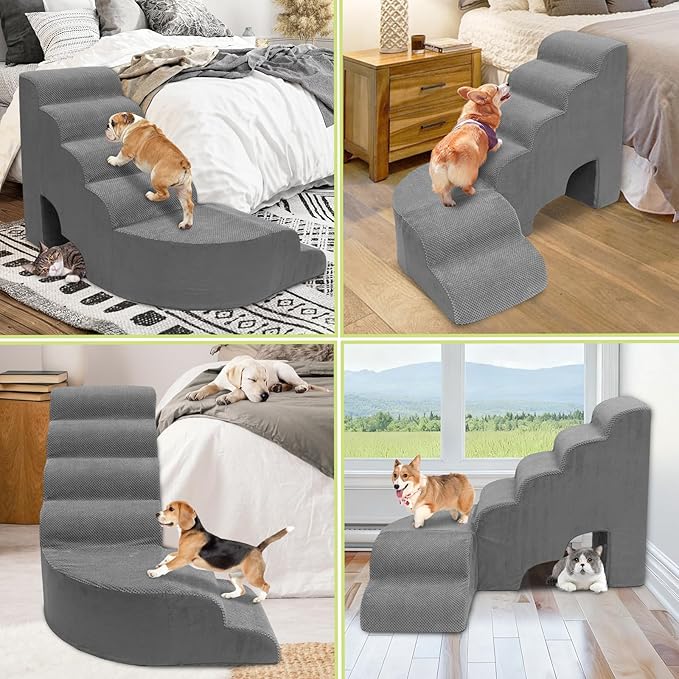 Dog Stairs for High Bed 28-32 Inches Tall, 6 Tier Non-Slip Pet Stairs Adjust to Left Side of Bed, Dog Steps for Small Dogs, Old Pets, and Injured Dogs, Gray