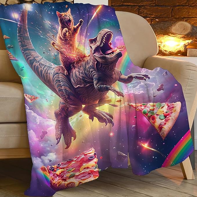 Funny Dinosaur and Cat Blanket Universe Rainbow Pizza Dino Cat Throw Blanket Gifts for Girls Women Kids Adults Super Soft Cozy Plush Fluffy Fuzzy Fleece Blanket Home Decor 60''X80''