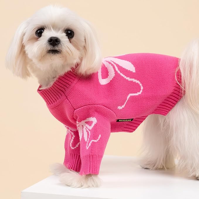 Fitwarm Bowknot Valentine's Dog Sweater, Thermal Winter Clothes for Small Dogs, Charming Valentine's Outfit, Dog Pullover Jumper, Holiday Pet Apparel, Pink, Medium