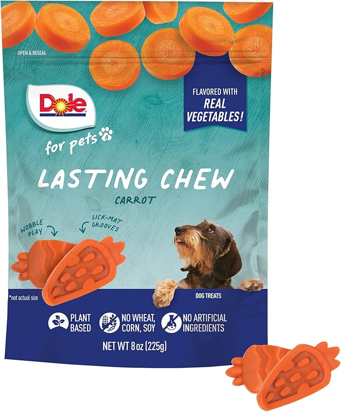 Dole for Pets Freshly Fetched Lasting Chew, Carrot Flavor Dog Treats, Small Breeds, No Wheat, Corn, Soy, Artificial Flavors, Colors, or Animal Products, 8 Ounces, 10 Chews